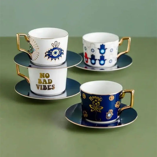 1 Set Blue Eyes Coffee Mug Porcelain Mug With Saucers Ojo Turco Turkey Coffee Cup Amulet Evil Eye Protection Mugs Ceramic Cup