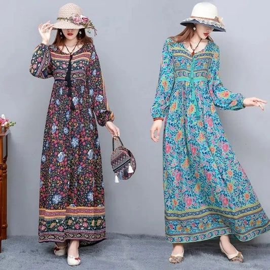 Vintage Women's Beach Skirt Dress Long Sleeve Floral Print Beach Bohemian Straight V-neck Maxi Dress Summer Ladies Dress