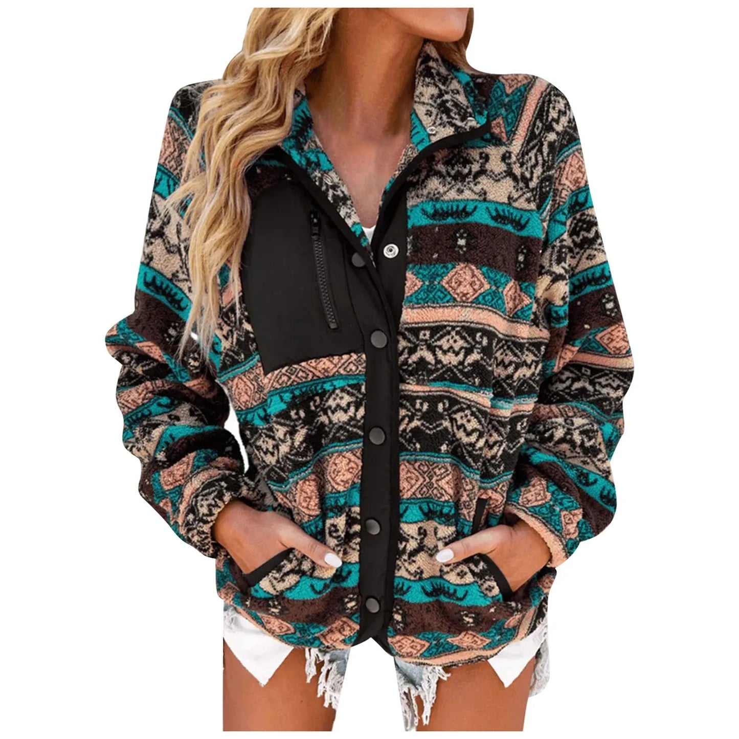 Boho Women Woolen Coat All Match Lapel Vintage Loose Stripe Cardigan Casual Windproof Autumn Winter Jacket For Daily Life