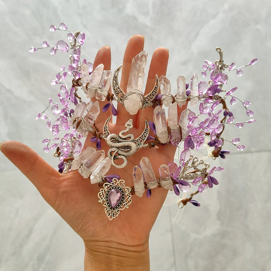 Witch Magic Fairy Tiara Woodland Crystal Quartz Crescent Moon Snake Hairband  Faerie Hairwear Wicca gift For women