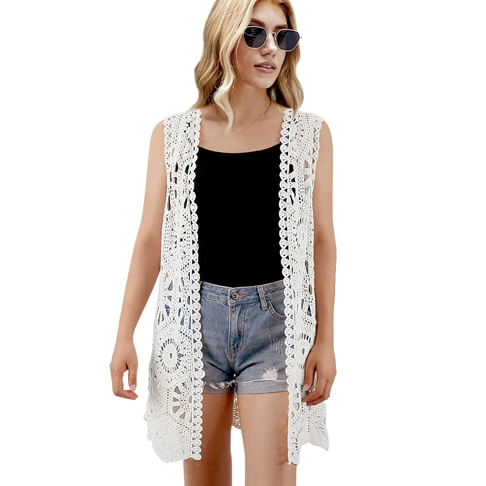 Womens Floral Crochet Lace Boho Trim Sleeveless Open Front Vest Cardigan White Beige