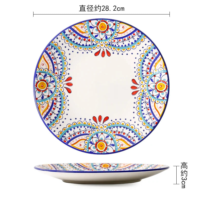 Creative Boho Ceramic Plate European Classical Painted Steak Pasta Dinner Plates Restaurant Hotel Serving Tray Home Tableware