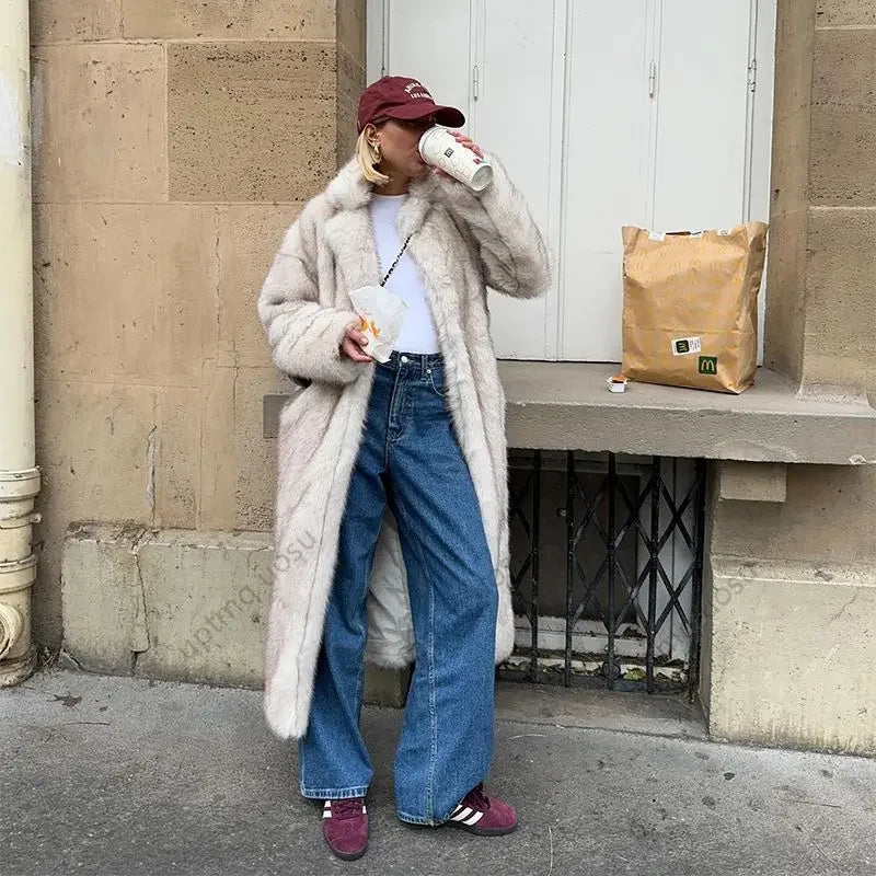 Premium Vintage Look Long Faux Fur Coat Women Gradient Maxi Overcoats 2024 Winter Cozy Iconic Fuzzy Outfits Parka Outwear
