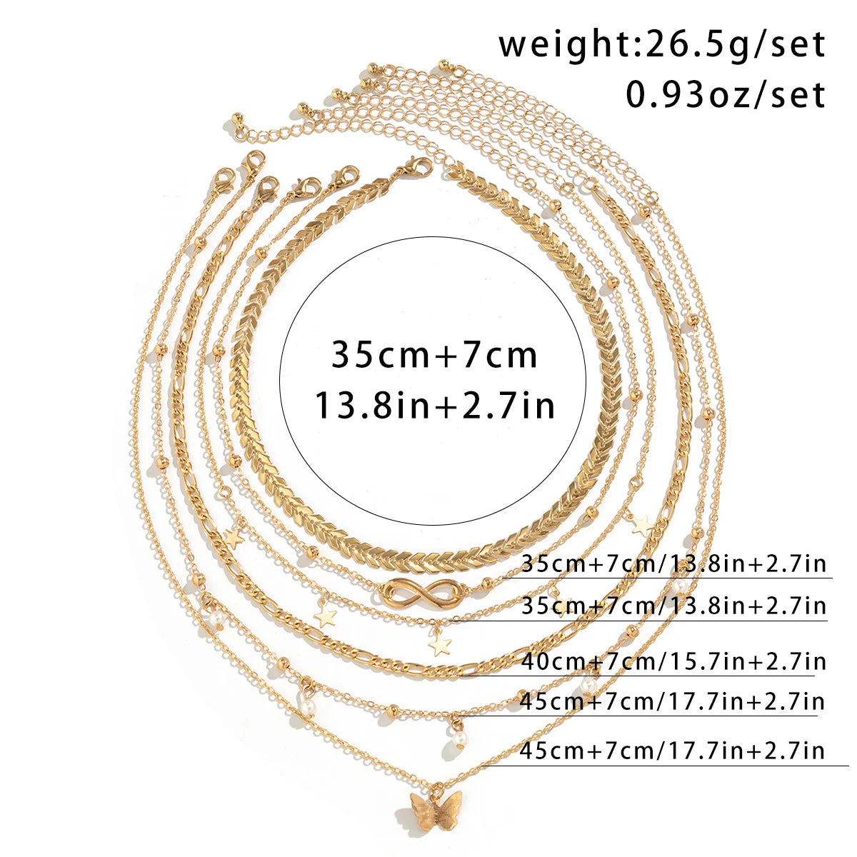 6Pcs/Set Boho Infinite Symbol Leaf Butterfly Pendant Necklace for Women Vintage Ethnic Imitation Pearl Thin Chain Party Jewelry