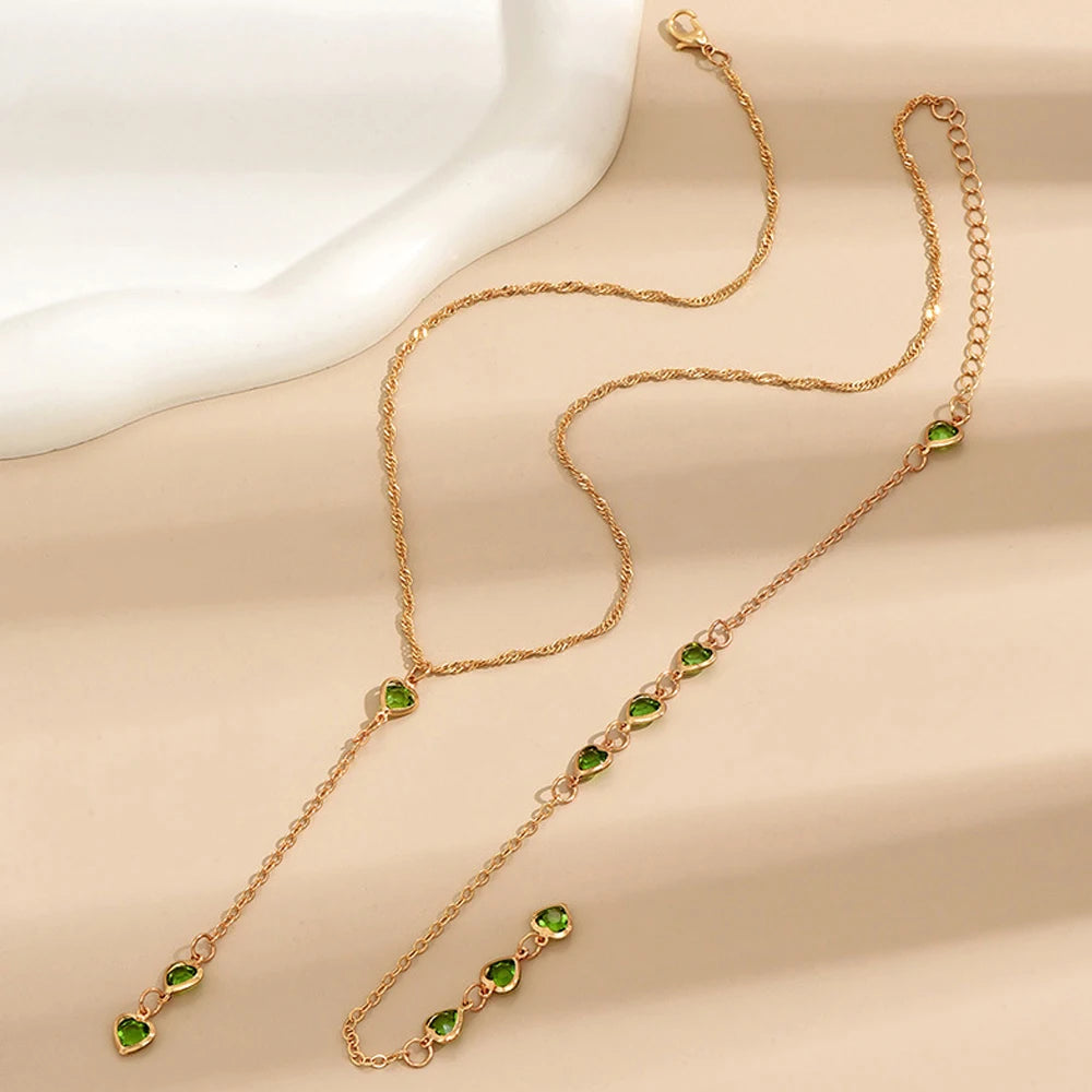 Luxury Green Heart Back Chain Wedding Backless Clothing Jewelry Boho Accessories Crystal Bridal Back Necklace Dress for Women