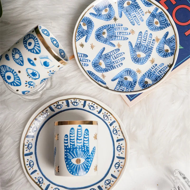 Ceramic Eye or Hand Mark Round Plate Creative Decal Jewelry Dish Home Furnishings Cutlery Saucer  Afternoon Tea Dessert Salver