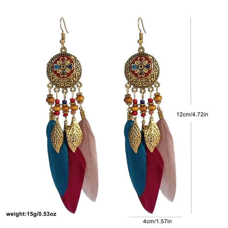 Boho Feather Tassel Earrings 2024 Trendy Elegant Antique Alloy Carved Wood Bead Leaf Dangling Earrings Women Party Jewelry