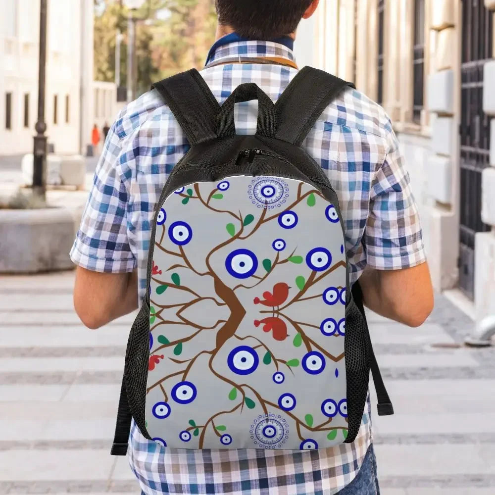 Custom Navy Blue White Mediterranean Evil Eye Mandala Pattern Backpacks Men Casual Bookbag for School College Bohemian Boho Bags