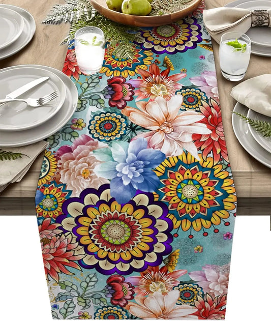 Bohemian Floral Mandala Flower Plant Linen Table Runners Dresser Scarf Table Decor Kitchen Dinner Holiday Party Wedding Decor