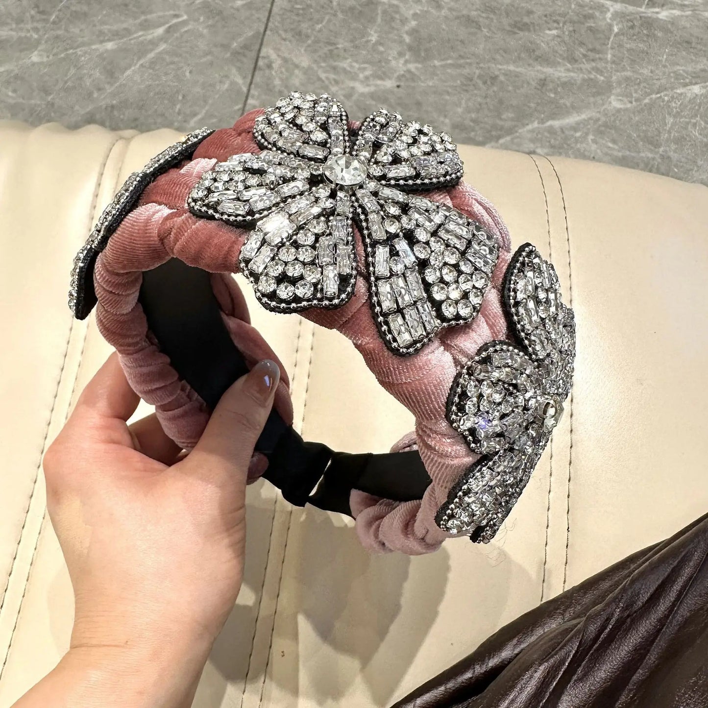 3 Crystal Flowers Headbands for Women Twist Headband Velvet Weaving Shape Wide Hairband Boho Plaited Hairhoop for Lady Girls