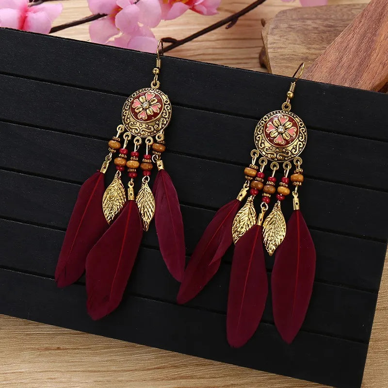 Boho Feather Tassel Earrings 2024 Trendy Elegant Antique Alloy Carved Wood Bead Leaf Dangling Earrings Women Party Jewelry
