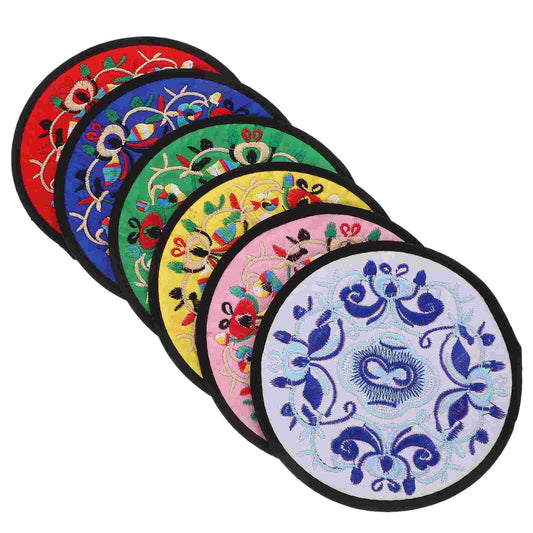 6pcs Fabric Coasters for Drinks Cloth Coaster Boho Coaster Round Vintage Ethnic Floral Teacup Mat Farmhouse Home Decoration