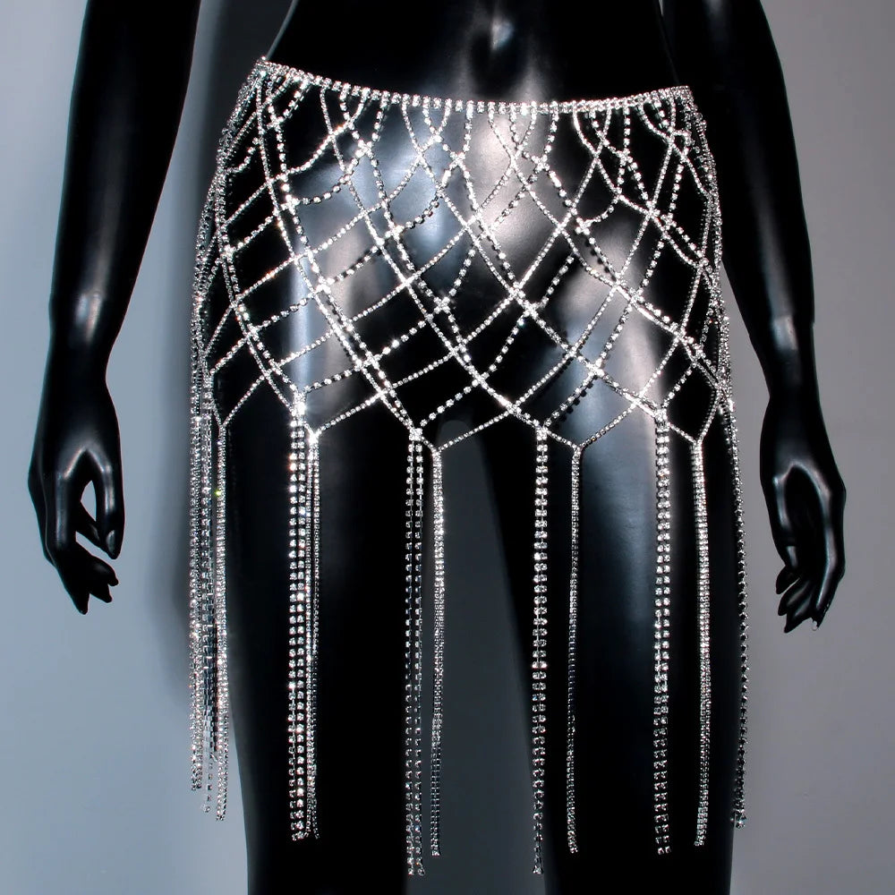 New Crystal Sexy Net Skirt Bling Rhinestone Waist Chain Clubwear Party Body Chain Women Rave Festival Outfit