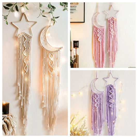 2Pcs Moon Star Macrame Dream Catcher Beige Pink Purple Tapestry Boho Home Decoration Macrame Wall Hanging Christmas Gift Kawaii