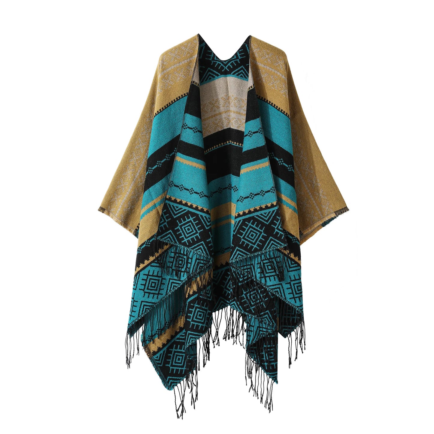 Poncho Bohemian Geometric Tassel Split Shawl Cape Travel Scarf Double-sided Cloak Imitation Cashmere Women Coat Red