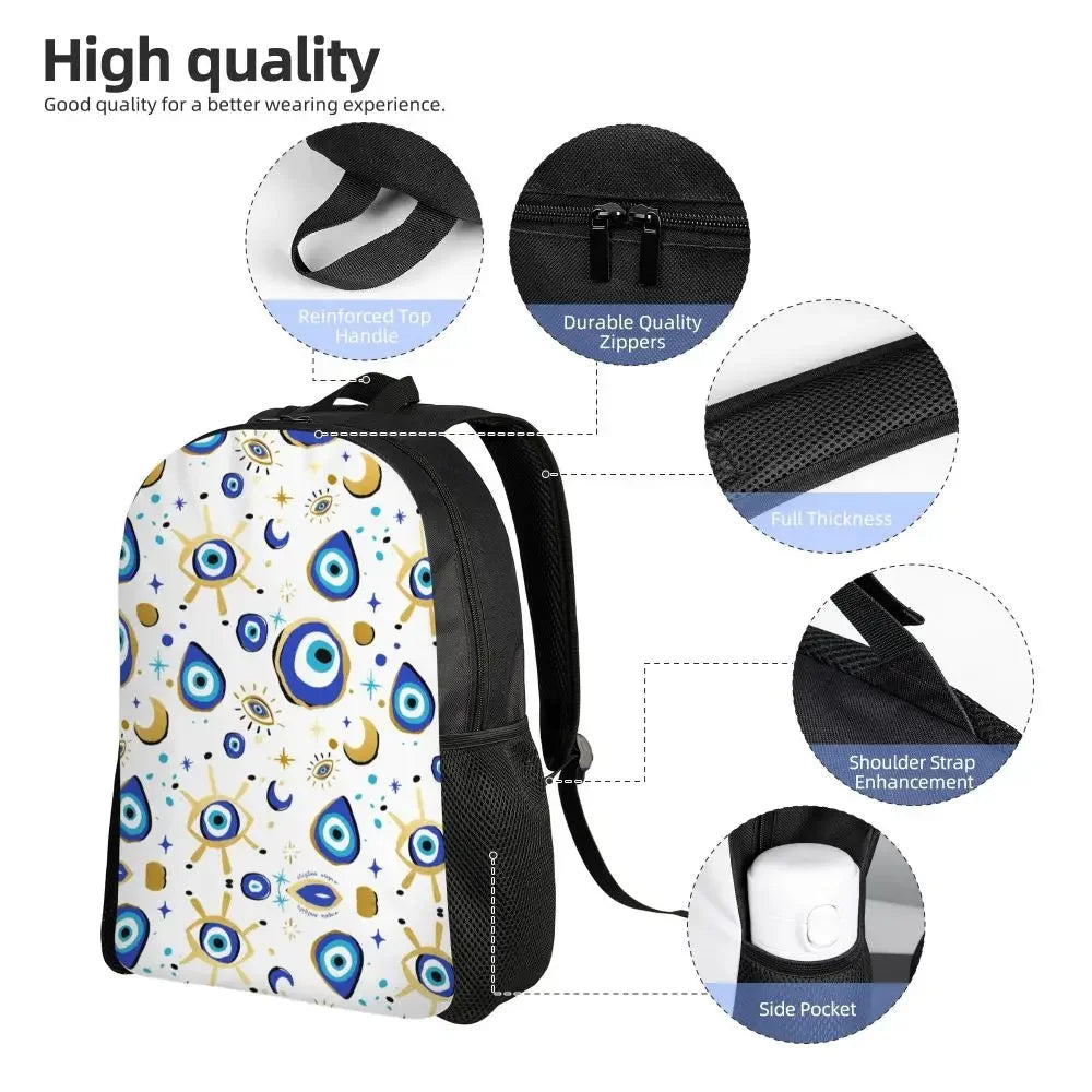 Custom Navy Blue White Mediterranean Evil Eye Mandala Pattern Backpacks Men Casual Bookbag for School College Bohemian Boho Bags