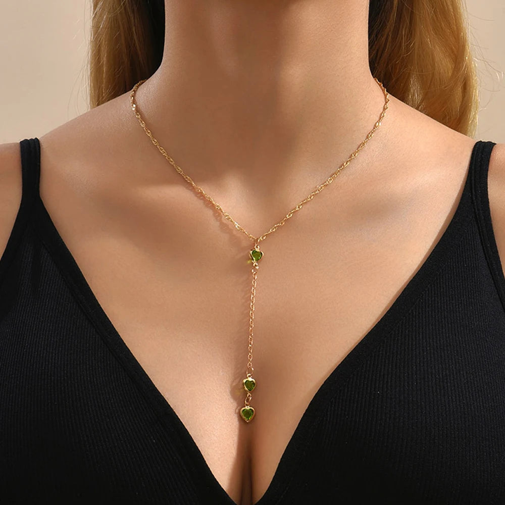 Luxury Green Heart Back Chain Wedding Backless Clothing Jewelry Boho Accessories Crystal Bridal Back Necklace Dress for Women