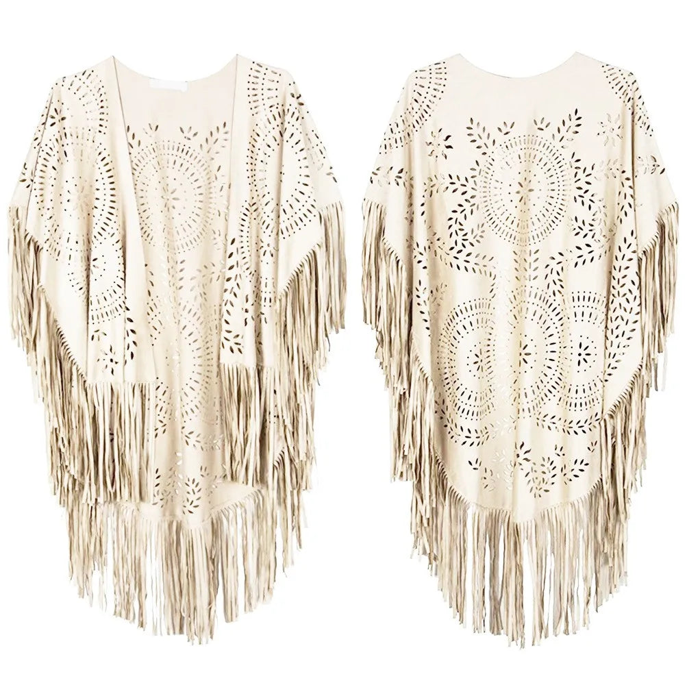 Suede Floral Hollow Out Fringe Tassel Shawl Women Vintage Capes Ponchos Bohemian Cardigan Coat Cloak Boho Capes Bikini Cover