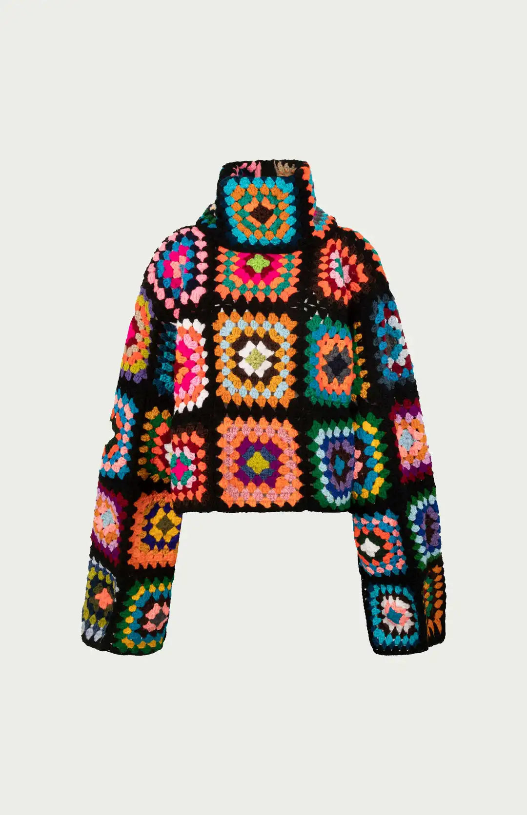 Colorful Crochet Sweaters Granny Square Turtleneck Cute Cardigan Boho Afghan Stitching Coat Color Patchwork Clothing For Lady