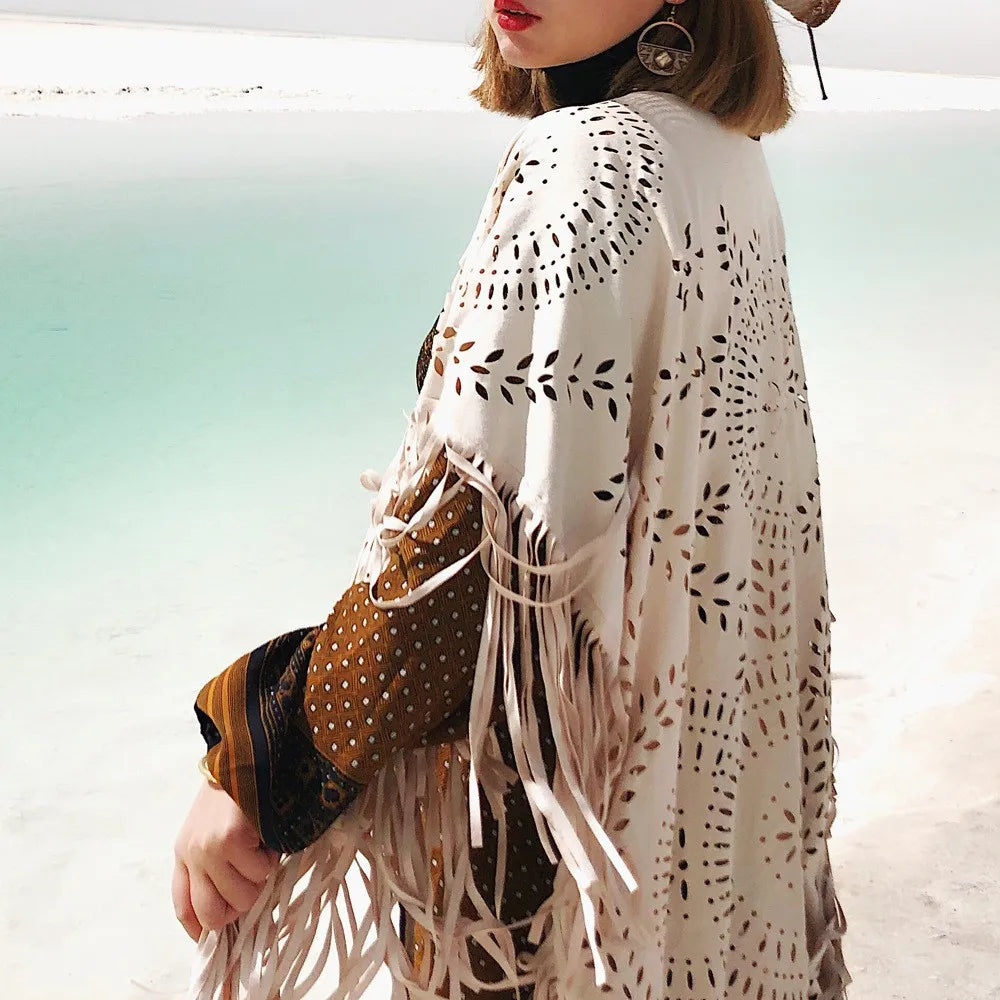 Suede Floral Hollow Out Fringe Tassel Shawl Women Vintage Capes Ponchos Bohemian Cardigan Coat Cloak Boho Capes Bikini Cover