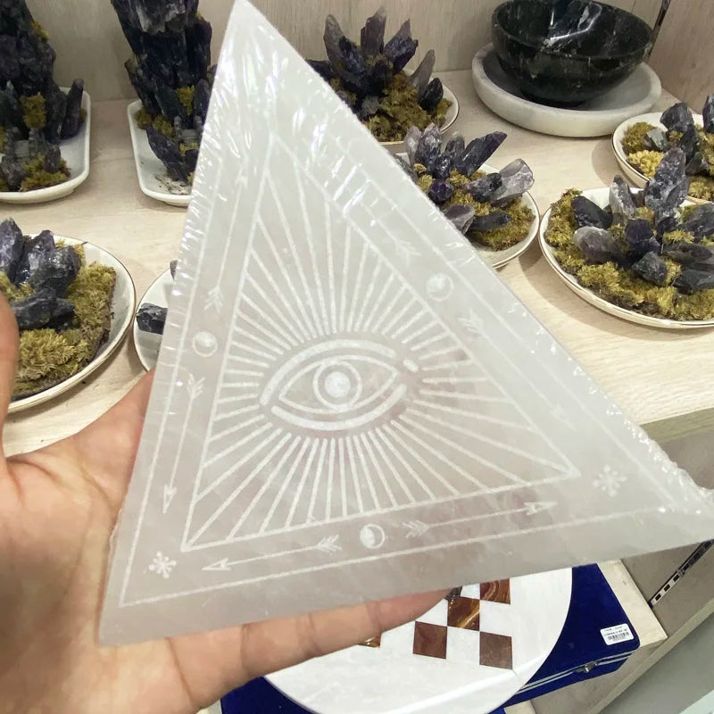Natural Selenite Big  Triangle  Fatima Retro Demon Eyes Crystal Quartz Healing Home Decor Stone Craft 1PC
