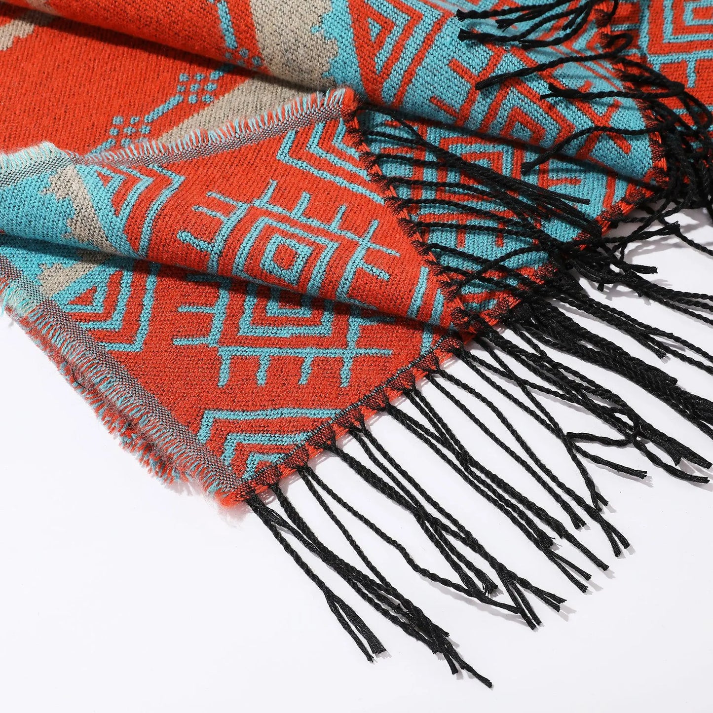 Poncho Bohemian Geometric Tassel Split Shawl Cape Travel Scarf Double-sided Cloak Imitation Cashmere Women Coat Red