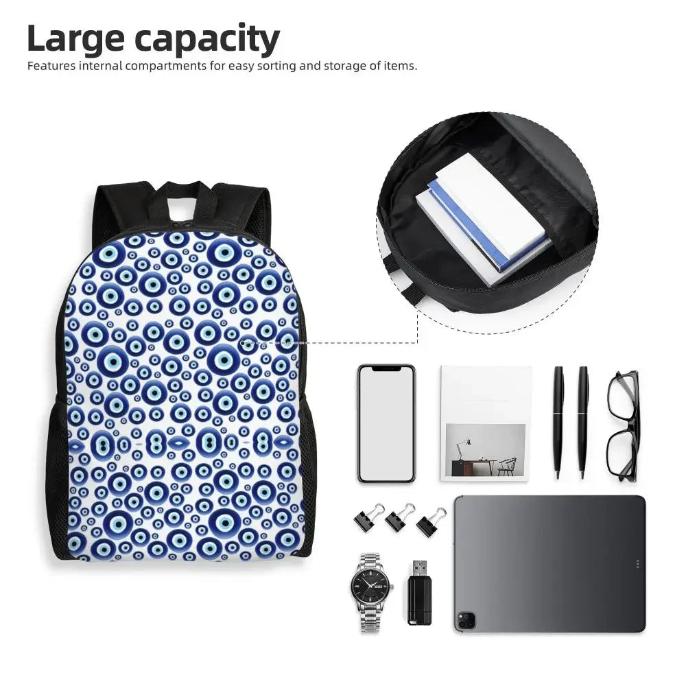 Custom Navy Blue White Mediterranean Evil Eye Mandala Pattern Backpacks Men Casual Bookbag for School College Bohemian Boho Bags