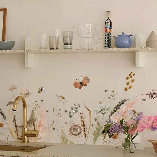 Boho Wildflowers Wall Stickers for Kitchen Glass Backsplash, Botanical Wall  Border, Peel and Stick, Dining Room Decoration