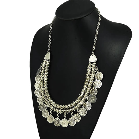 Boho Ethnic Turkish Gypsy Tribal Indian Beach Choker Bib Coin Tassel Collares Necklace For Women Vintage Silvery Afghan Jewelry