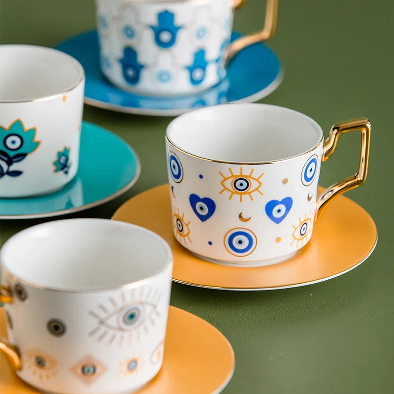 1 Set Blue Eyes Coffee Mug Porcelain Mug With Saucers Ojo Turco Turkey Coffee Cup Amulet Evil Eye Protection Mugs Ceramic Cup