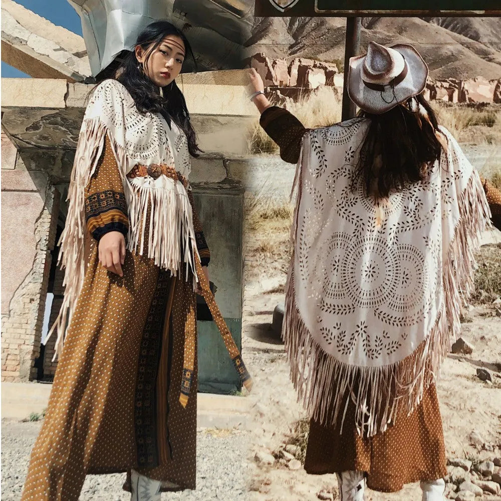 Suede Floral Hollow Out Fringe Tassel Shawl Women Vintage Capes Ponchos Bohemian Cardigan Coat Cloak Boho Capes Bikini Cover