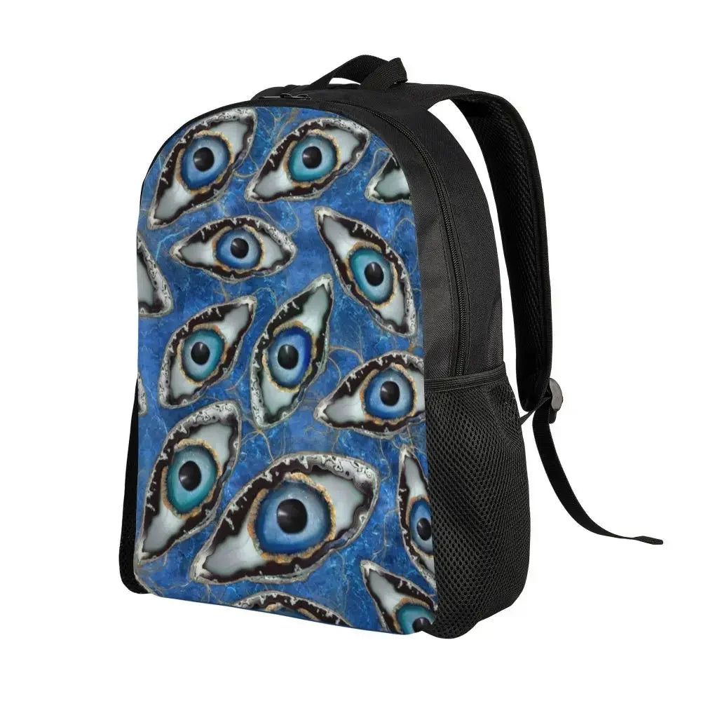 Custom Navy Blue White Mediterranean Evil Eye Mandala Pattern Backpacks Men Casual Bookbag for School College Bohemian Boho Bags