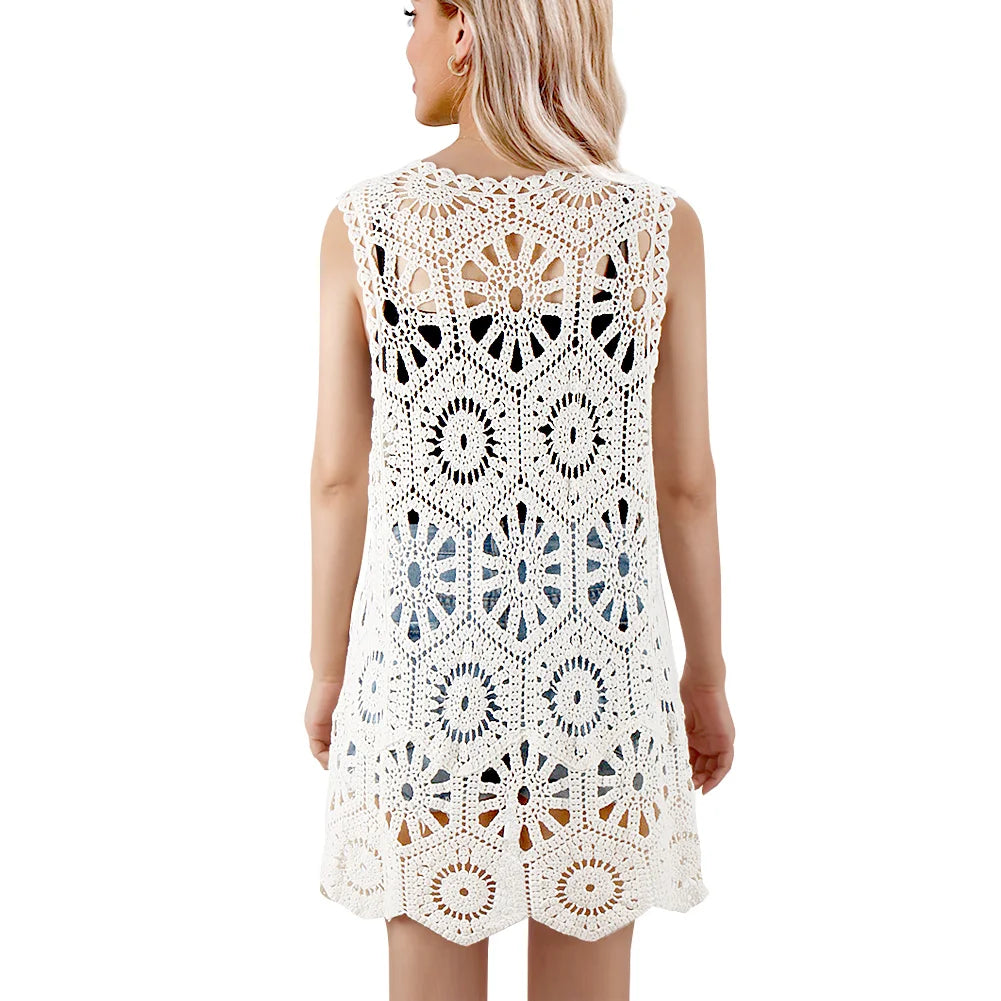 Womens Floral Crochet Lace Boho Trim Sleeveless Open Front Vest Cardigan White Beige