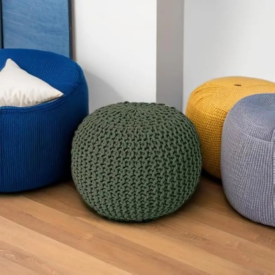 Round Hand Knitted Pouf - Foot Stool Bean Bag Ottoman - Cord Boho Pouffe - Poof Accent Beanbag Footrest for Living Room Olive
