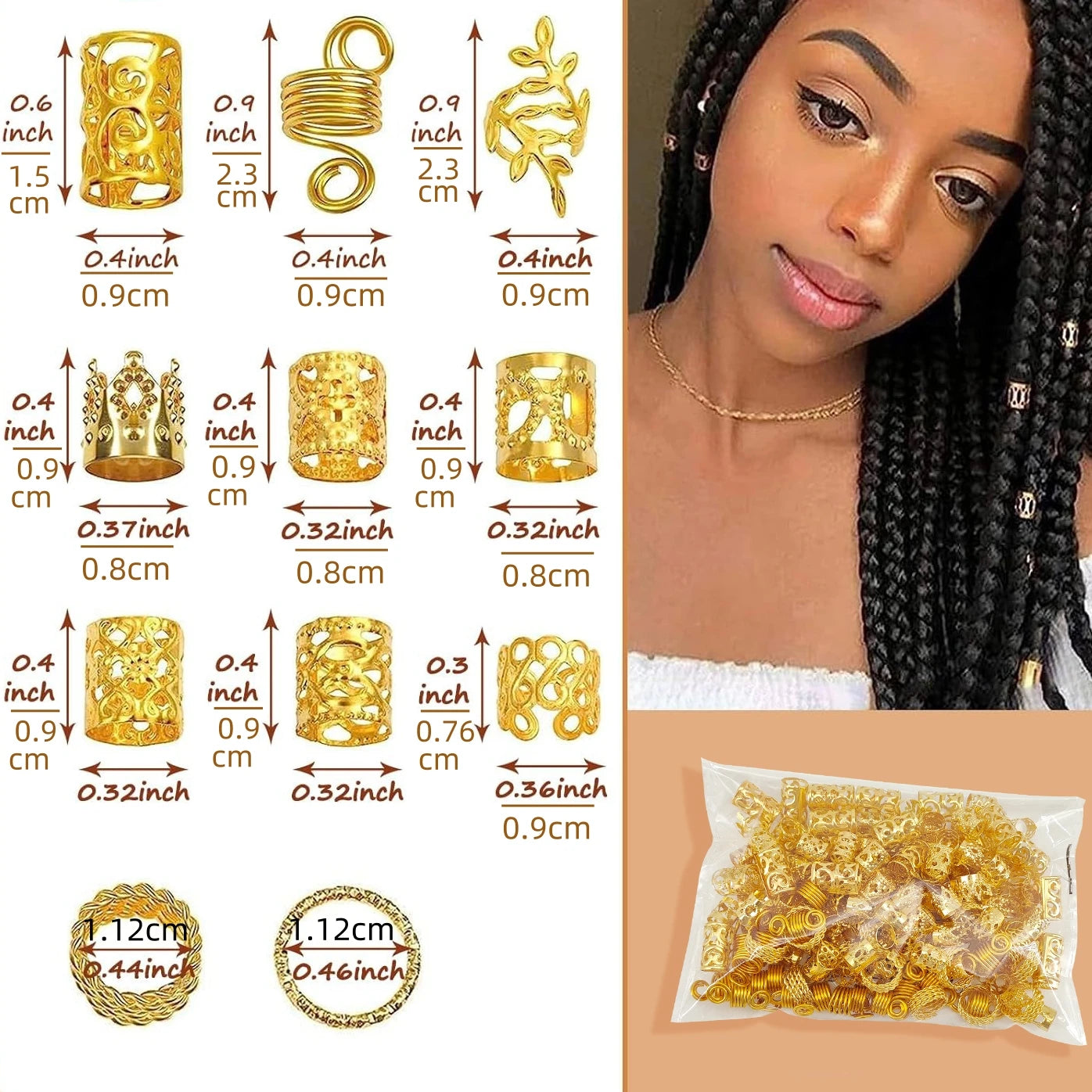 220pcs DIY Gold Hair Accessories, Loc Jewelry For Braids Metal Decoration Boho Cuff For Dreadlocks