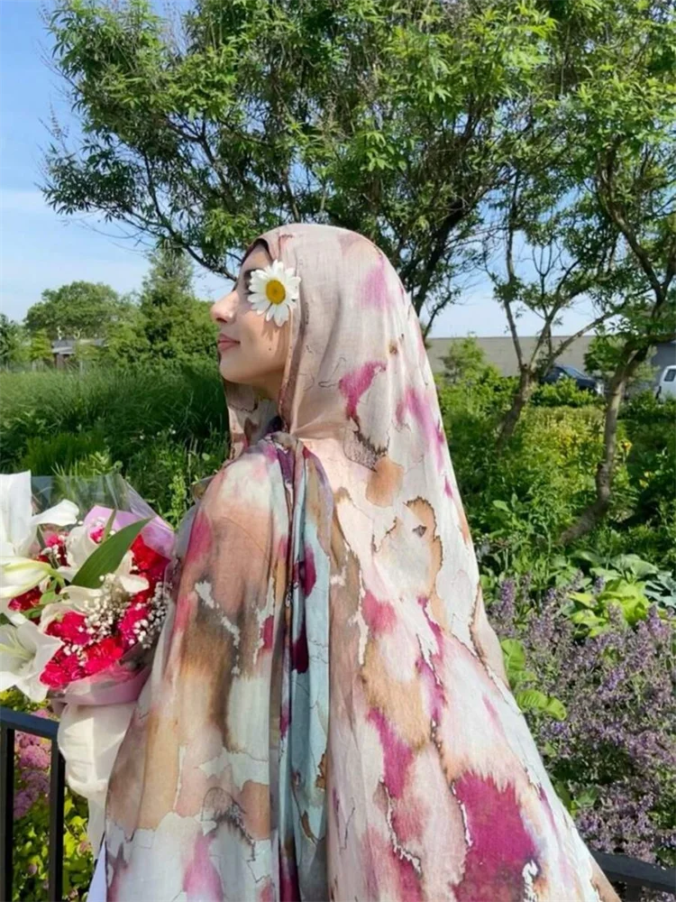 1Pcs Islam Ramadan Watercolor Print Hijab Women Bohemian Soft Muslim Hijabs Foulard Femme Shawl Wrap Scarf Headscarf