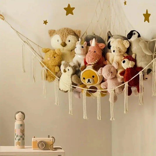 Boho Stuffed Animals Toy Storage Hammock Net Swing Wall Hanging Home Storage Corner Hanging Net Holder Bedroom Home Decor Gift