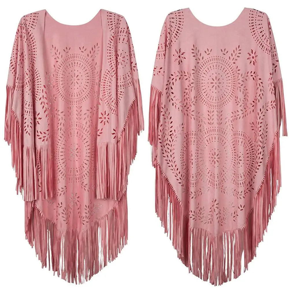 Suede Floral Hollow Out Fringe Tassel Shawl Women Vintage Capes Ponchos Bohemian Cardigan Coat Cloak Boho Capes Bikini Cover