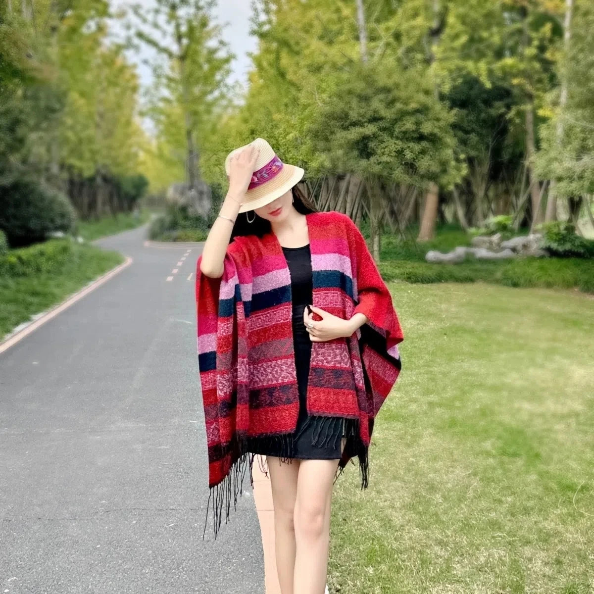 Boho Women Cape Korean Tassel Knitted  Shawl Fashion Stripe Ruffled Cardigan Female Spring Autumn Casual Warm Coat