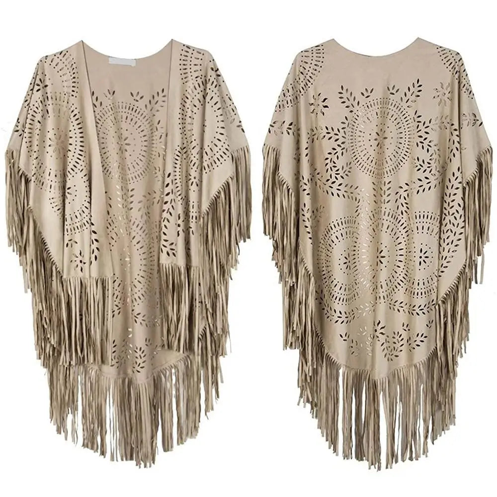 Suede Floral Hollow Out Fringe Tassel Shawl Women Vintage Capes Ponchos Bohemian Cardigan Coat Cloak Boho Capes Bikini Cover