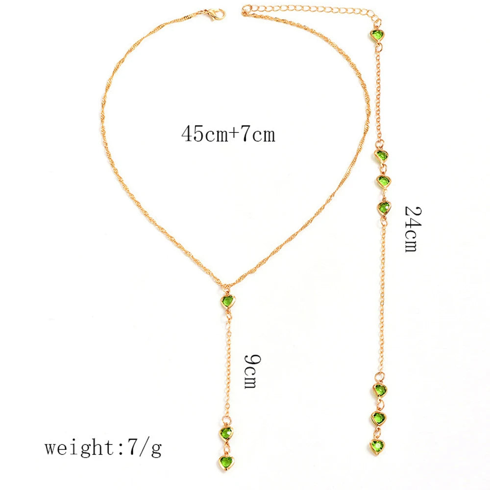 Luxury Green Heart Back Chain Wedding Backless Clothing Jewelry Boho Accessories Crystal Bridal Back Necklace Dress for Women