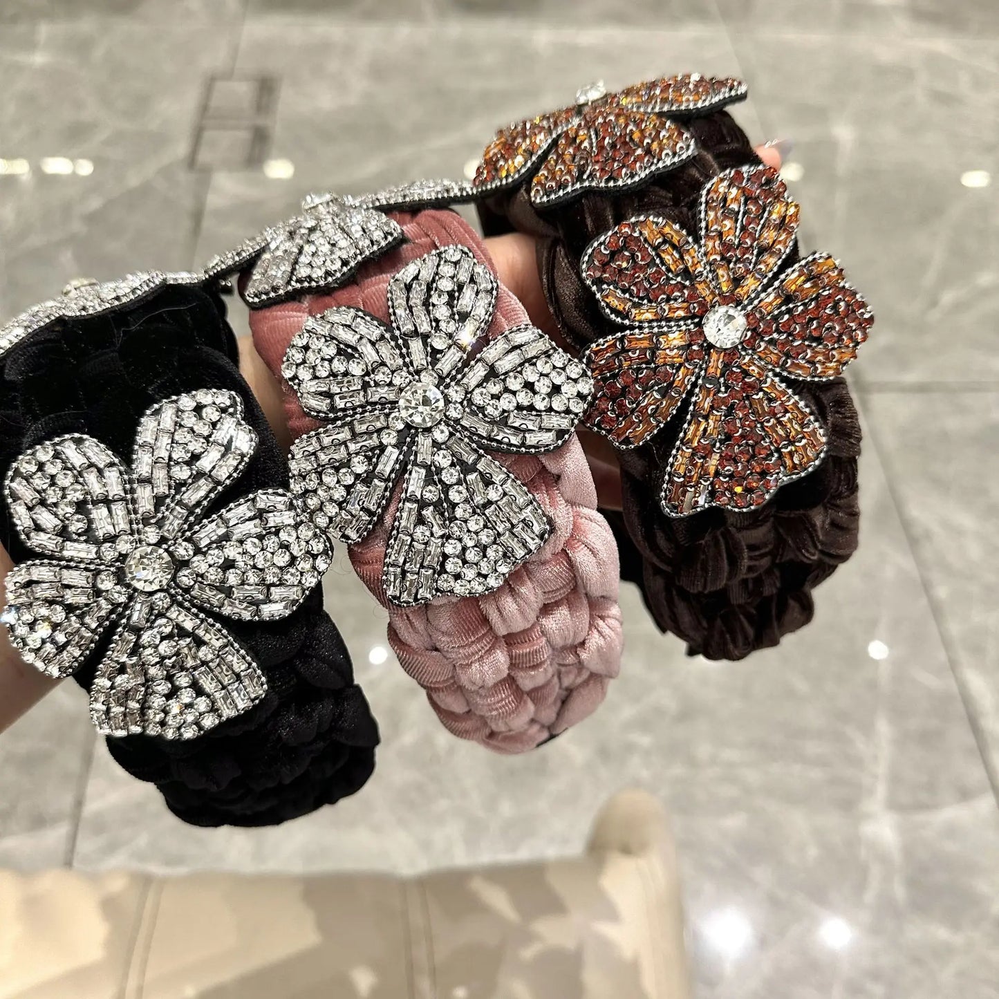 3 Crystal Flowers Headbands for Women Twist Headband Velvet Weaving Shape Wide Hairband Boho Plaited Hairhoop for Lady Girls
