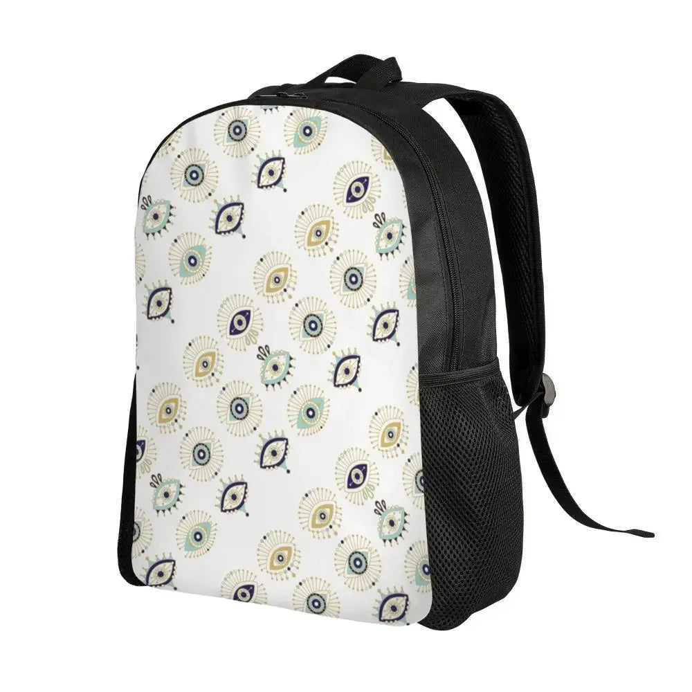 Custom Navy Blue White Mediterranean Evil Eye Mandala Pattern Backpacks Men Casual Bookbag for School College Bohemian Boho Bags