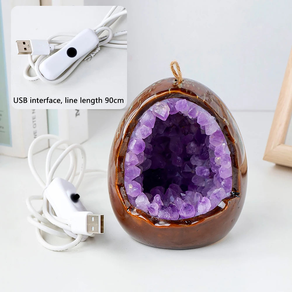 Natural Amethyst Cave Table Lamp Dinosaur Egg Bedroom LED Night Light  Bedside Lamp Amethyst Flower Handicraft Home Decoration