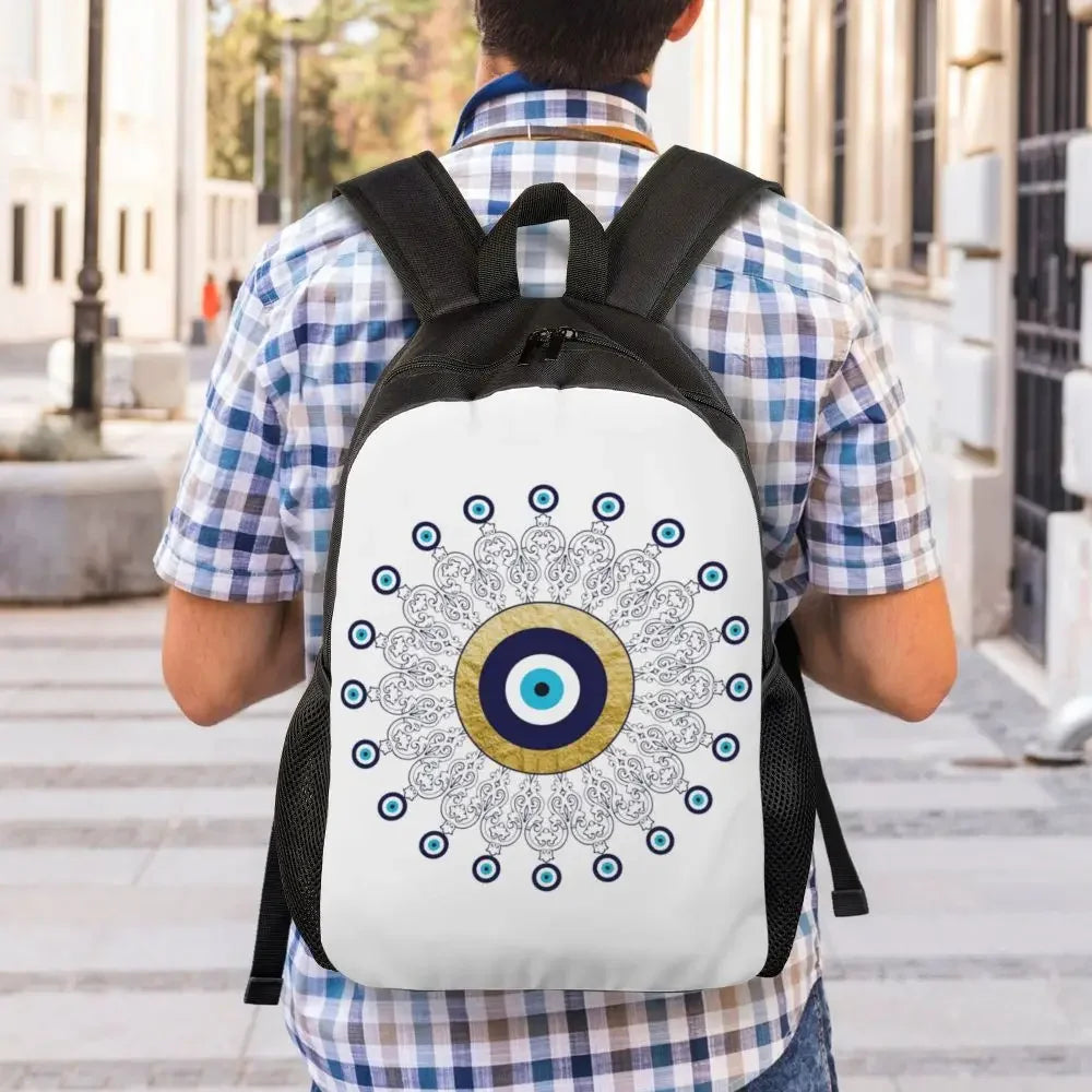 Custom Navy Blue White Mediterranean Evil Eye Mandala Pattern Backpacks Men Casual Bookbag for School College Bohemian Boho Bags