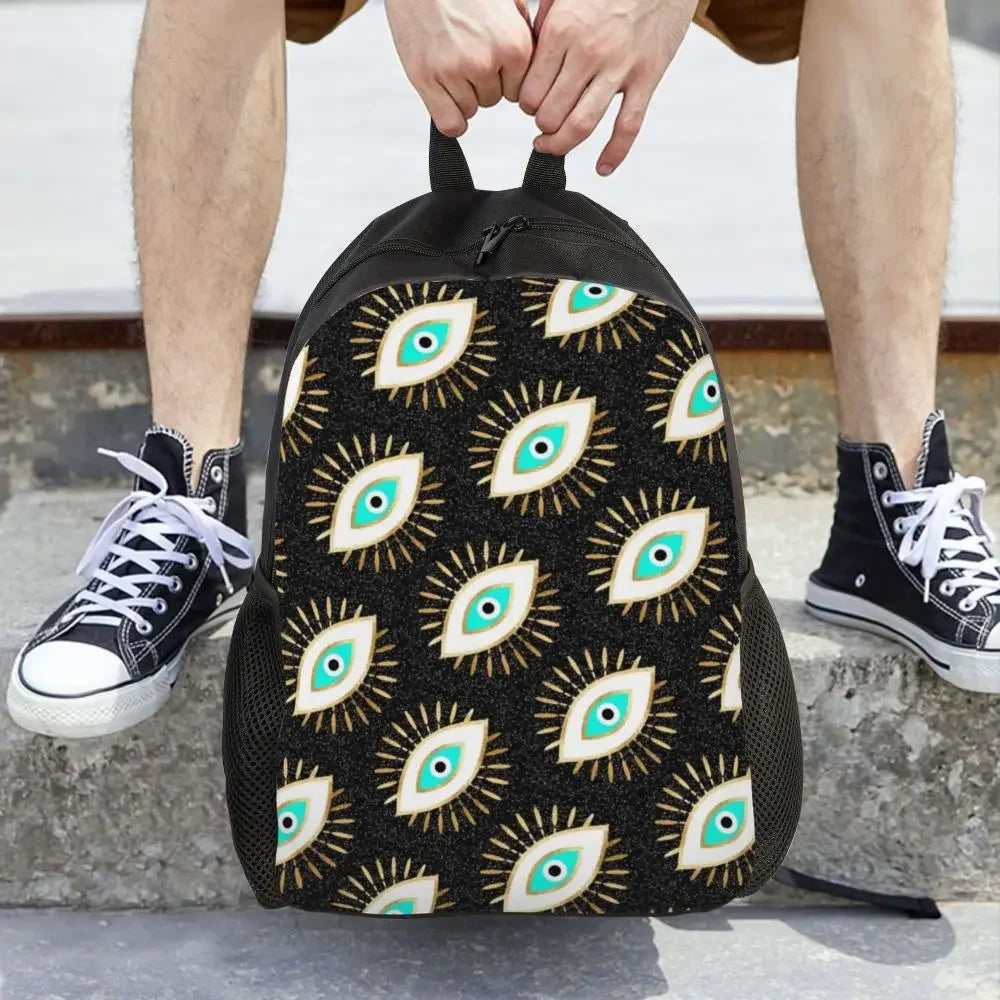 Custom Navy Blue White Mediterranean Evil Eye Mandala Pattern Backpacks Men Casual Bookbag for School College Bohemian Boho Bags