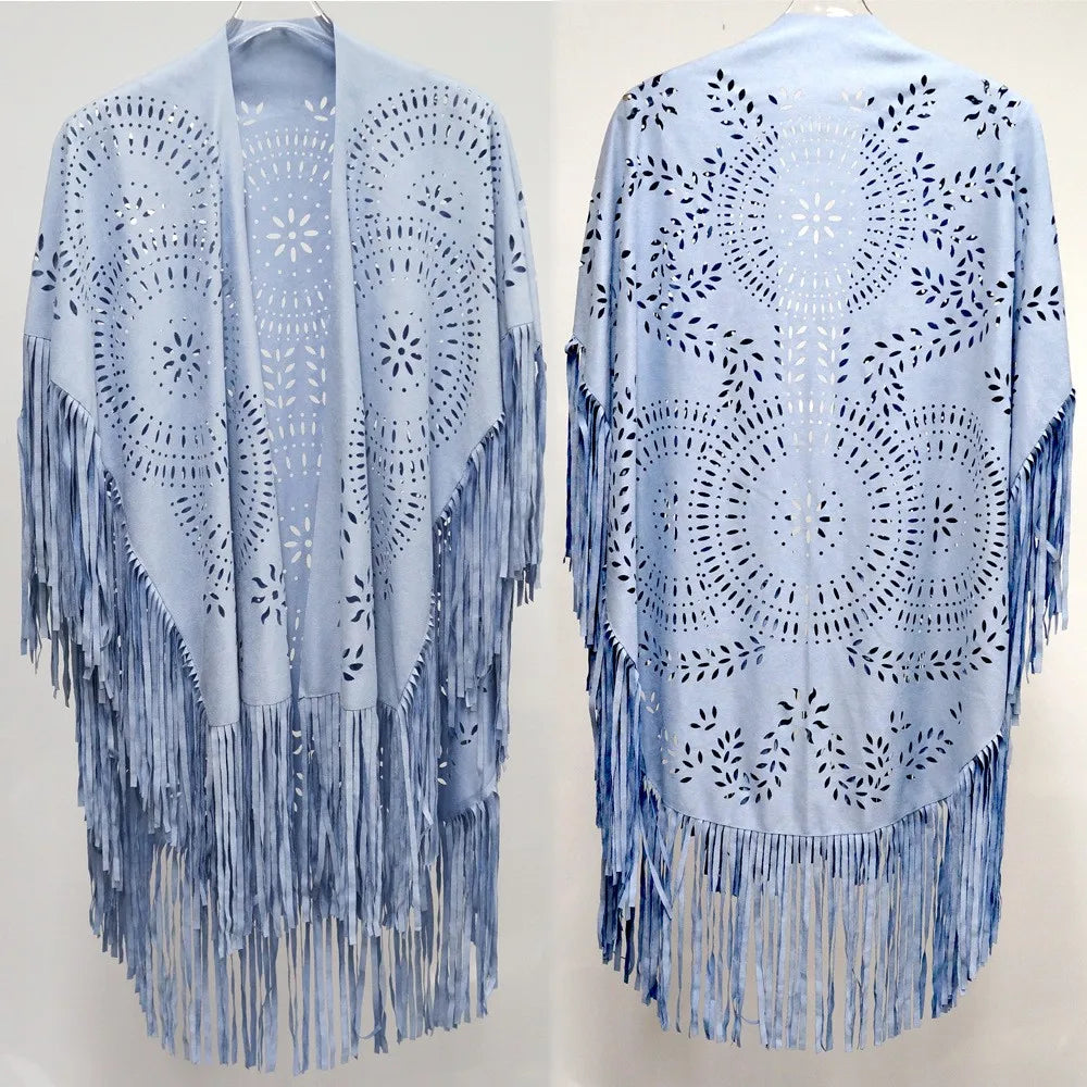 Suede Floral Hollow Out Fringe Tassel Shawl Women Vintage Capes Ponchos Bohemian Cardigan Coat Cloak Boho Capes Bikini Cover