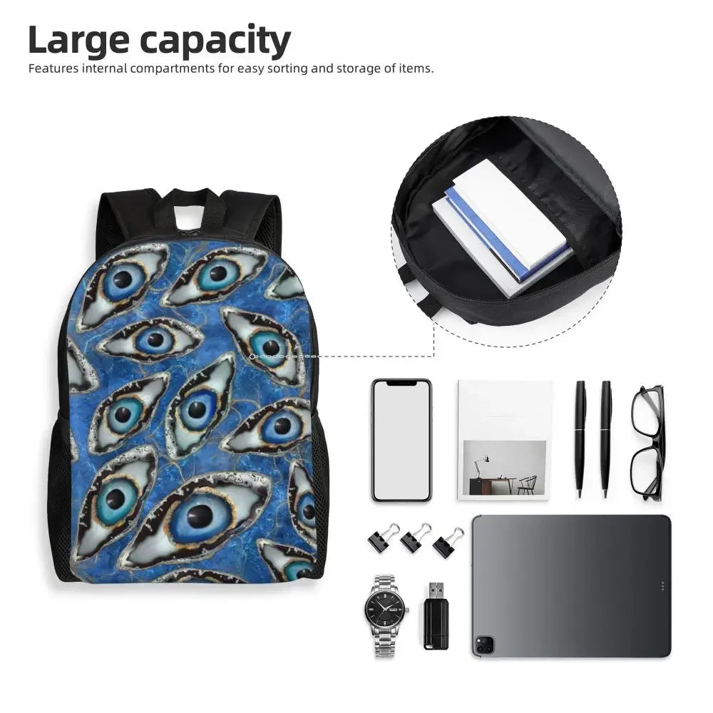 Custom Navy Blue White Mediterranean Evil Eye Mandala Pattern Backpacks Men Casual Bookbag for School College Bohemian Boho Bags