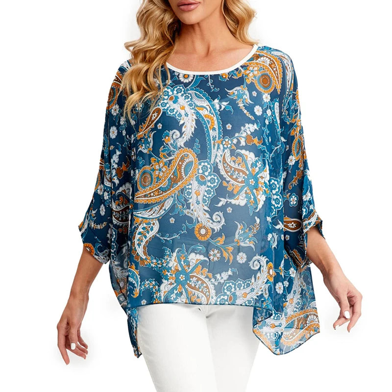 BHflutter Blouse Plus Size 2022 New Batwing Casual Summer Blouse Women Boho Chiffon Shirt Top Shirt Women