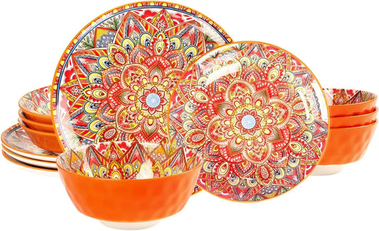 Dinnerware Sets (12 pcs) Serves for 4, Buffet Dinnerware, Boho Plates and Bowls Set with 8.3"salad Plate 10.6"dinner Plate 6.3"b